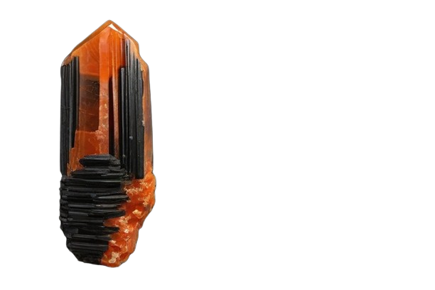Black Tourmaline in Orange Calcite - crystinfo.com